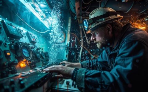 Instalação de cabo de fibra óptica debaixo d'água combinada com imagens de um engenheiro ao comando de um navio