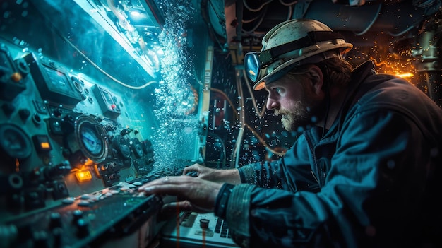 Instalação de cabo de fibra óptica debaixo d'água combinada com imagens de um engenheiro ao comando de um navio