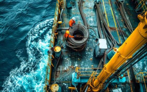 Nave de instalação de cabos de fibra óptica com engenheiros a trabalhar no convés e cabos a ser implantados