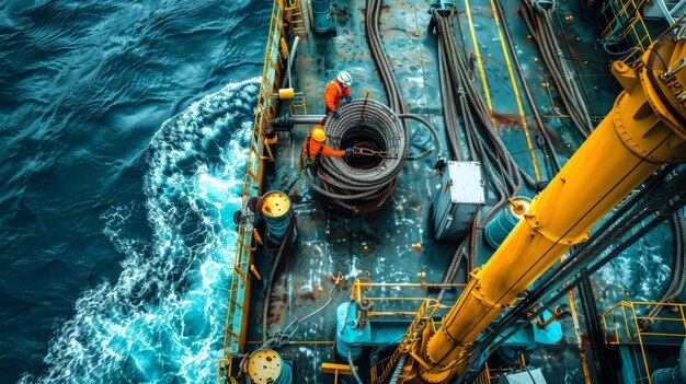 Nave de instalação de cabos de fibra óptica com engenheiros a trabalhar no convés e cabos a ser implantados