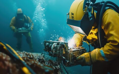 Uma equipa de soldadores subaquáticos utiliza métodos sustentáveis de baixo impacto para reparar plataformas offshore, garantindo uma perturbação mínima dos habitats marinhos