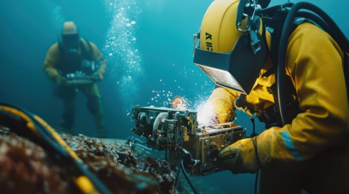 Uma equipa de soldadores subaquáticos utiliza métodos sustentáveis de baixo impacto para reparar plataformas offshore, garantindo uma perturbação mínima dos habitats marinhos