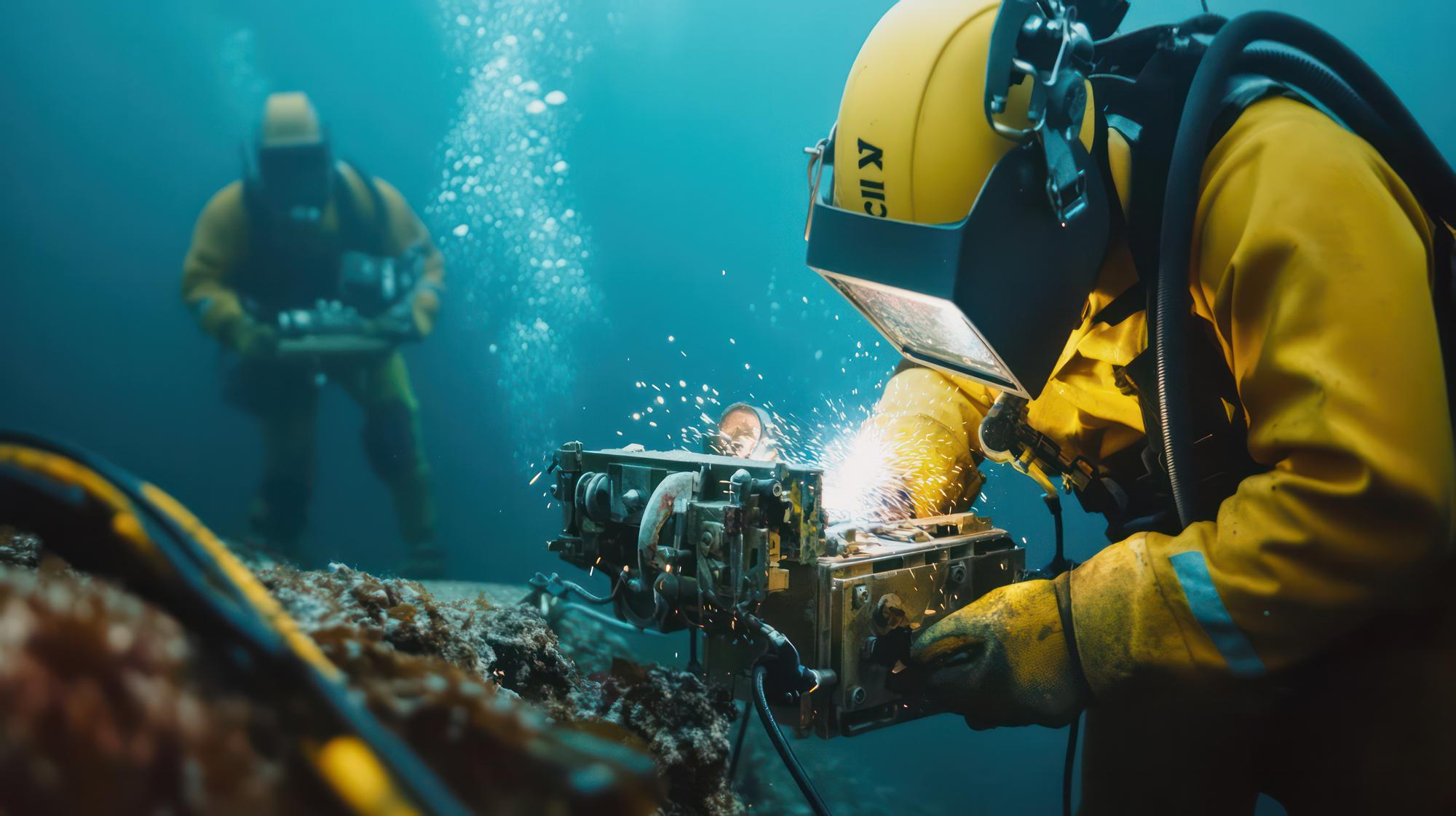 Uma equipa de soldadores subaquáticos utiliza métodos sustentáveis de baixo impacto para reparar plataformas offshore, garantindo uma perturbação mínima dos habitats marinhos