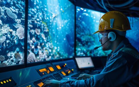 Engenheiro em uma sala de controle monitorando a instalação subaquática de cabos de fibra óptica cobertos com cenas oceânicas