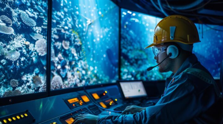 Engenheiro em uma sala de controle monitorando a instalação subaquática de cabos de fibra óptica cobertos com cenas oceânicas