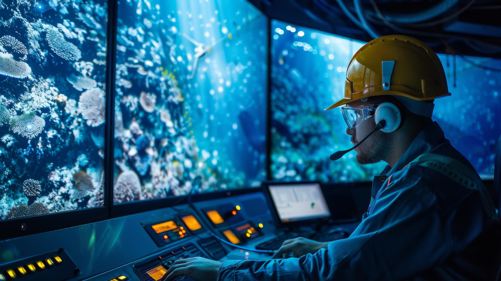 Engenheiro em uma sala de controle monitorando a instalação subaquática de cabos de fibra óptica cobertos com cenas oceânicas