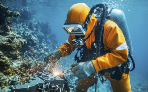 Um mergulhador fazendo soldagem subaquática perto de um recife de coral mostrando um trabalho de engenharia marinha