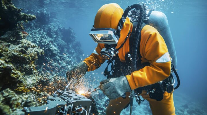 Um mergulhador fazendo soldagem subaquática perto de um recife de coral mostrando um trabalho de engenharia marinha