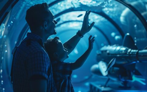 Um pai e um filho a olhar para uma nave espacial com as palavras "O futuro" na parte de baixo.