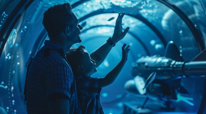 Um pai e um filho a olhar para uma nave espacial com as palavras "O futuro" na parte de baixo.
