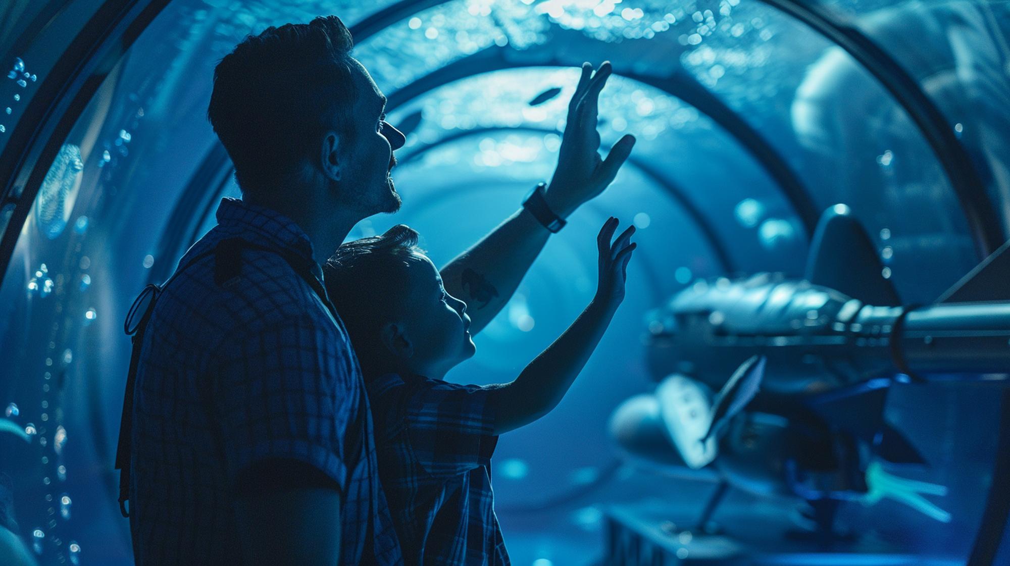 Um pai e um filho a olhar para uma nave espacial com as palavras "O futuro" na parte de baixo.