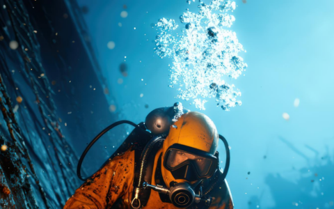 Mergulhador industrial inspecionando danos no casco de um navio após uma colisão