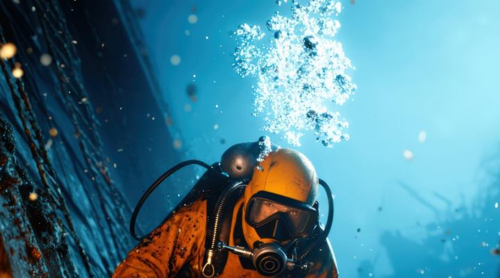 Mergulhador industrial inspecionando danos no casco de um navio após uma colisão