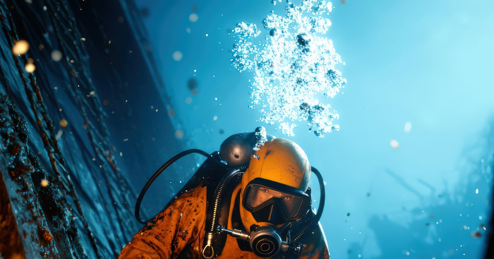 Mergulhador industrial inspecionando danos no casco de um navio após uma colisão