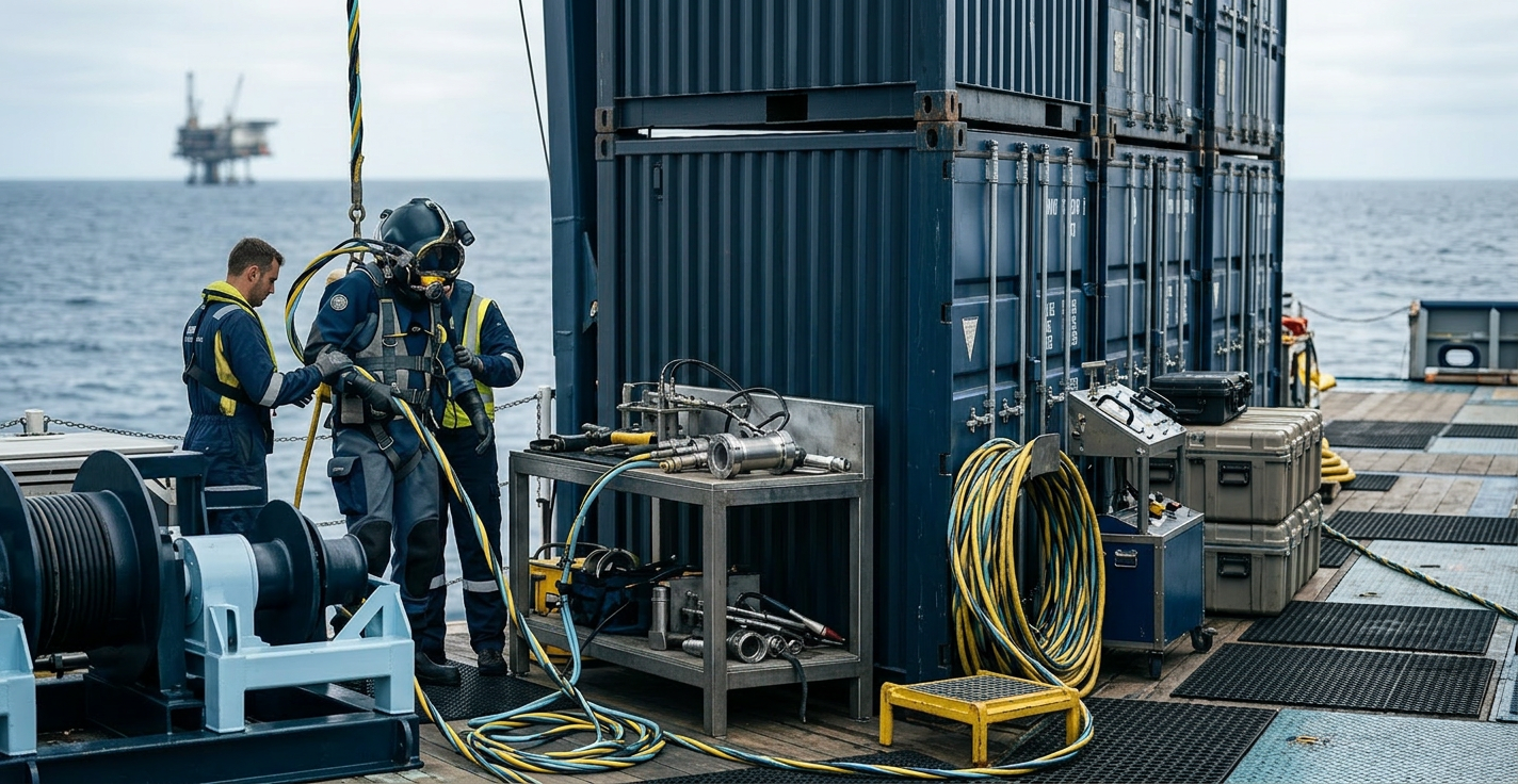 Operações de soldagem no gelo com mergulhadores a navegar sob uma superfície congelada a reparar oleodutos e equipamentos submersos em temperaturas de congelamento