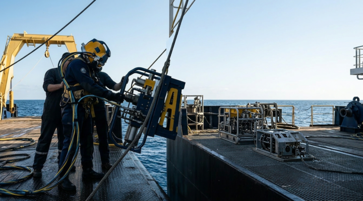 Um mergulhador de águas profundas navega através das ruínas de um antigo navio conduzindo exploração subaquática