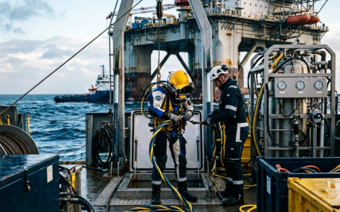 Equipe de trabalhadores de plataformas petrolíferas preparando equipamentos em uma plataforma offshore