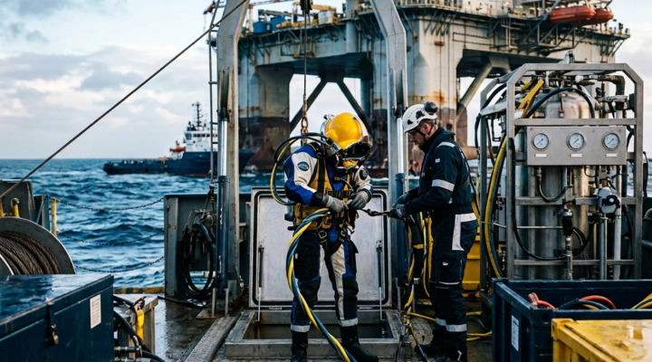 Equipe de trabalhadores de plataformas petrolíferas preparando equipamentos em uma plataforma offshore
