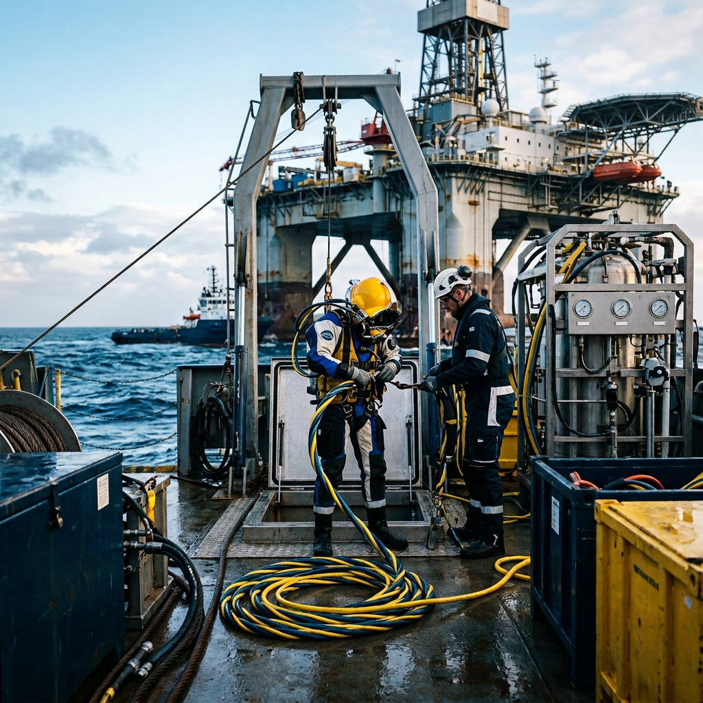 Equipe de trabalhadores de plataformas petrolíferas preparando equipamentos em uma plataforma offshore
