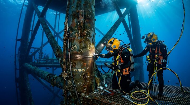 Mergulhadores comerciais trabalhando na estrutura de uma plataforma de petróleo subaquática