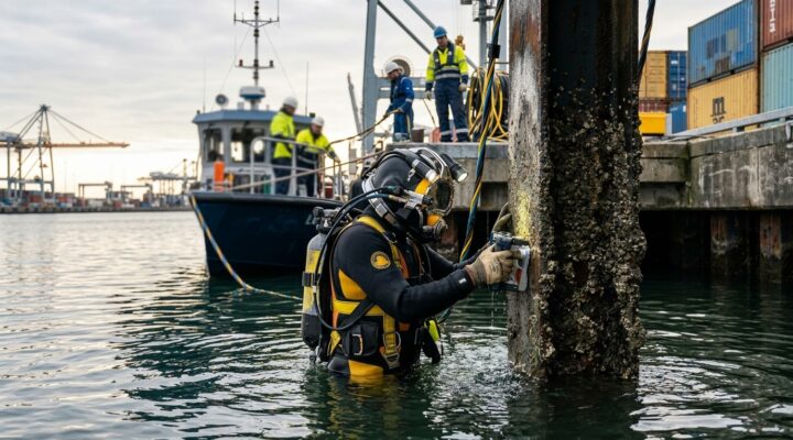 Um engenheiro trabalha em um movimentado porto de transporte inspecionando contêineres e gerenciando operações de logística, garantindo processos de importação e exportação tranquilos com segurança e eficiência no comércio global