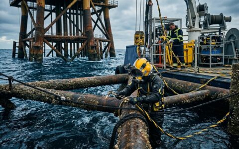 Uma vista aérea de uma plataforma de petróleo em desuso no oceano
