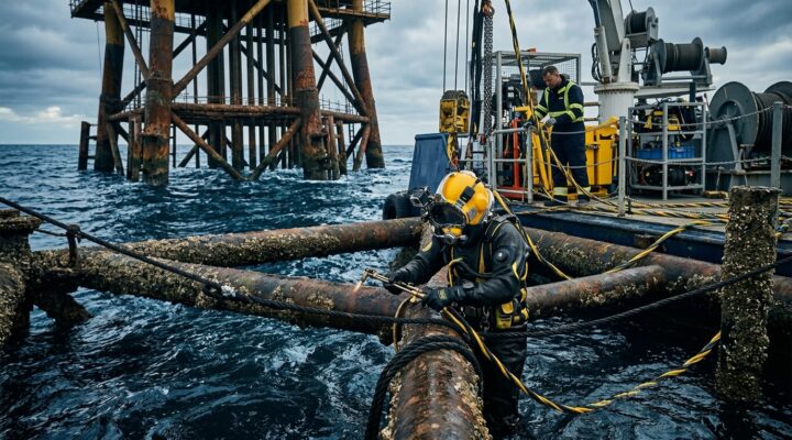 Uma vista aérea de uma plataforma de petróleo em desuso no oceano