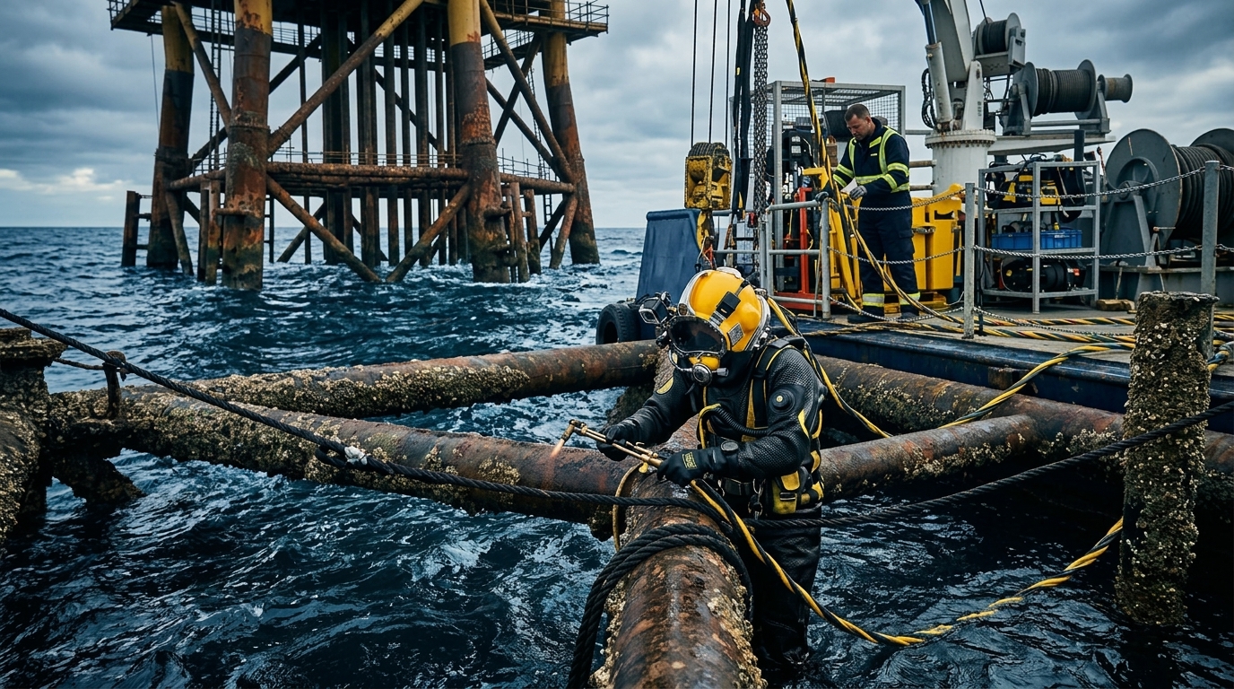 Uma vista aérea de uma plataforma de petróleo em desuso no oceano
